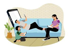 Family relaxing together on the couch using digital devices. vector