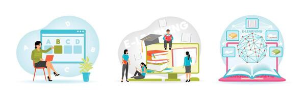 Ticking Right Answer in Online Test. Group of Various Students Learning. Digital Learning Concept. vector