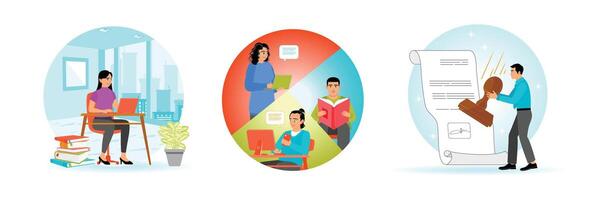 Employees work using laptop computers, creating company reports, and making business agreements. vector