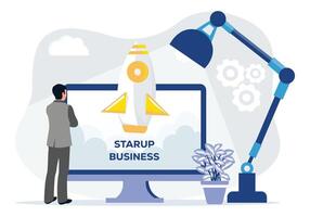 Business startup launching products with rocket symbol. vector
