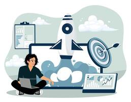 Business growth concept with rocket and target. vector