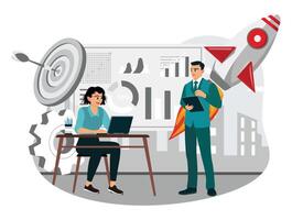 Managers and employees discuss brand promotion and brainstorm. vector