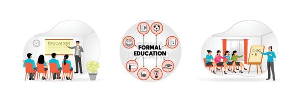 Audiences sit and listen to speakers. Icons Formal Education Theme. Gen Z Students Attending Class. vector