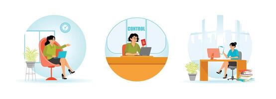 Woman works at computer desk. Airport customs safety check documents. Office worker concept. vector