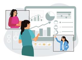 Collaborative teams analyze data virtually. vector
