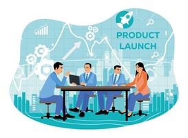 Business meeting discussing new product launch and market strategies. vector