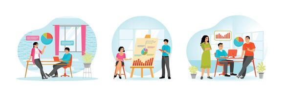 Coworkers collaborate in a modern office discussing data and charts during a presentation. vector
