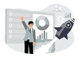 An entrepreneur analyzes data to develop a project. vector