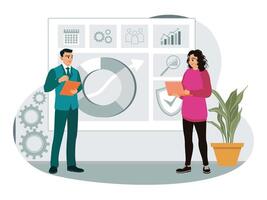 Agency workers meet clients to discuss brand promotion. vector