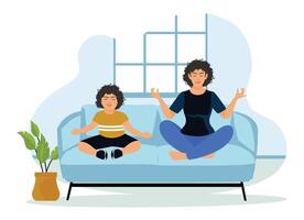 Mother and daughter sitting on the sofa and doing yoga exercises. vector