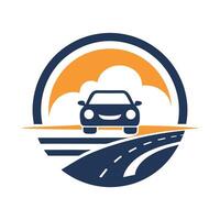 Mobile minimalist logo design representing a car rental service, featuring a cheerful vehicle against a sunset background with simple road elements illustrating travel and adventure vector
