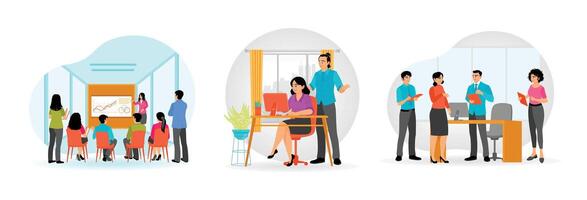 People working together in office. Manager giving lecture to audience . vector