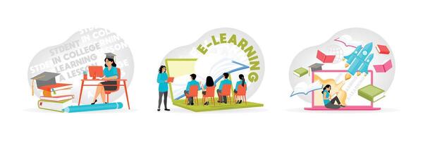 Student Studying Online. E Learning with Students and Instructor. Girl with Books and Rocket. vector