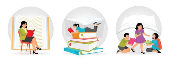Woman Reading a Book. Reading on Giant Book Stack. Group of Children Sharing Books. vector