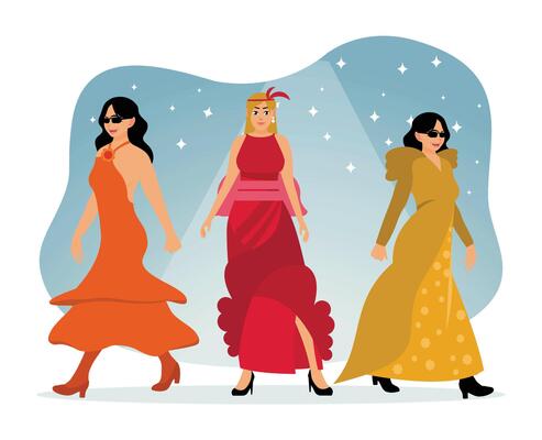 Three female models strut their stuff on the catwalk in elegant dresses.