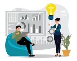 Team collaboration in an office with analytics and bright ideas. vector