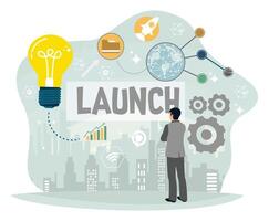 Entrepreneurs analyze launch data growth. vector