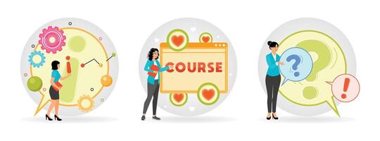Analyze Plan Optimization. Online Learning With Female Instructor. Question and Exclamation Mark. vector