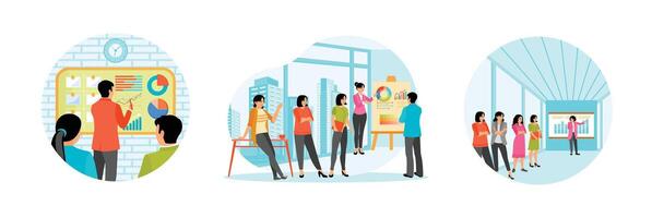A business team analyzing data charts and graphs in Modern workspace with cityscape view. vector