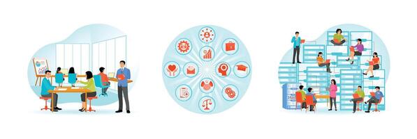 Circular icons depicting various life aspects.Office worker in a workplace environment vector