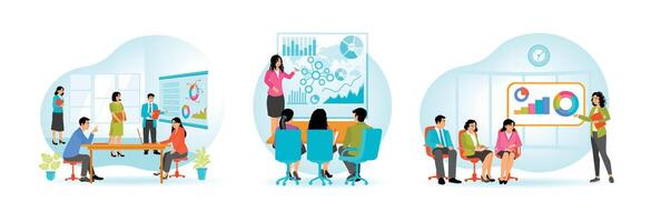 Professional team collaborating in a presentation on data analysis showcasing charts and graphs vector