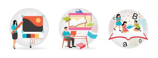 Teacher Giving Lesson. Man Using Computer for E-Learning. Children Learning How to Read. vector