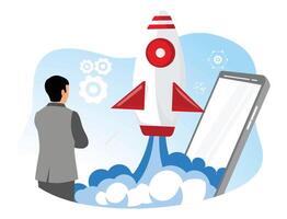 Professional entrepreneurs launch business startup products with rocket concepts. vector