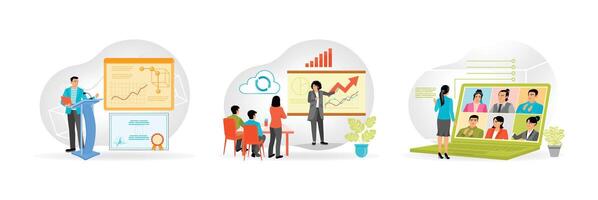 Student Uses Digital Podium. Synchronized Access. Professional Conference Meeting. vector