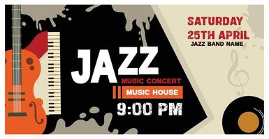 Jazz music concert advertisement poster with instruments and event details. vector