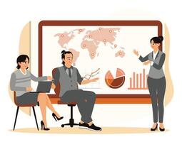A group of colleagues discuss statistical data in the office. vector