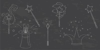 Magic wands and elements chalk crayon doodle set. Fairytale element in sketch style. Hand drawn illustration isolated on white background vector