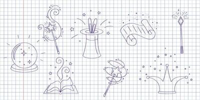 Magic wands and elements doodle set. Fairytale element in sketch style. Hand drawn illustration isolated on school chequered background vector