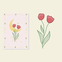 Red tulip with crescent moon card template design illustration vector