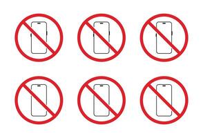 No smartphone icon set collection. Mobile phone prohibition area sign. Cellphone with forbidden symbol vector