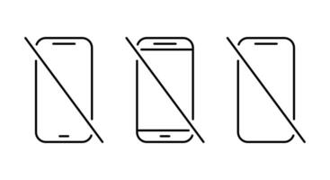 No mobile phone device outline icon set. Crossed-out smartphone symbol. Cellphone prohibition sign. Editable stroke vector