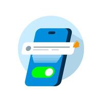 Mobile phone screen with notification alert and toggle switch icon. illustration for enabling push notifications, reminder alert settings, app interface UI design concept. Editable flat design for app vector