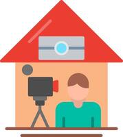 A man is sitting in front of a camera and a house vector