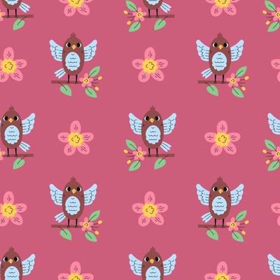 Bird Perch Branch Flower Seamless Pattern