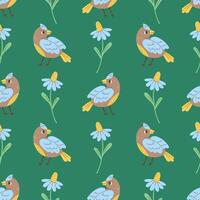 Crest Bird Chamomile Flower Seamless Pattern vector