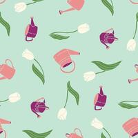 Seamless Pattern of Tulip Watering Can Background for Fashion Wrapping Print Fabric Surface vector