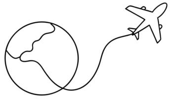 Outlined Airplane Flying from Earth Globe with Continuous Line vector