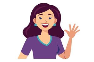 Joyful Brunette Waving Hello with Cartoon Design on a vector