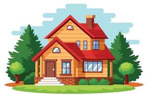 Cartoon House with Red Roof, Trees and Clouds against Transparent Background Design vector