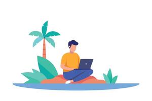 Cartoon Man with Laptop on Island with Palm Tree and Plants, vector
