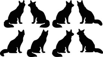 Group of Eight Foxes Silhouette Standing and Sitting on White Background vector