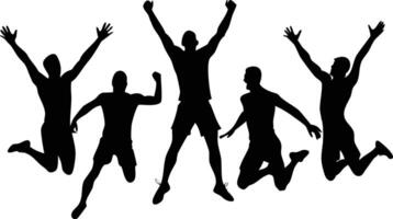 Cheering Crowd Black Silhouette of Diverse People Jumping on White Background vector