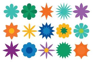 Assorted Colorful Geometric Flowers, Starbursts, Blossoms on White 79 vector