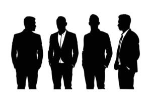 Row Of Men Black Silhouette Standing Wearing Formal Attire On White Background vector