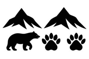 Silhouette Bear Walking, Mountain Peaks, Paw Prints on a Transparent Background vector