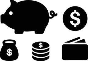Piggy Bank, Coin, Money Bag, Wallet Icon Set on Transparent Background vector